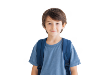 A cheerful young boy with a backpack smiles at the camera. standing against a plain white background. suggesting readiness for school or an adventure. conveying innocence and curiosity