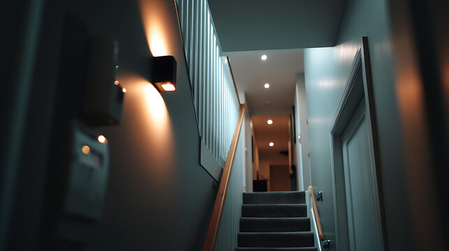Dark Hallway Interior with Warmly Lit Carpeted Stairs and Wooden Handrail - Powered by Adobe
