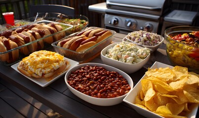 Fototapeta premium Summer Cookout with Burgers and Hotdogs, baked beans, potato salad and chips, Generative AI