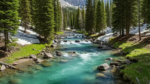 Serene mountain river flowing through lush greenery and snowy patches under a clear blue sky