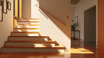 Sunlit Modern Hallway with Wooden Staircase and Minimalist Decor