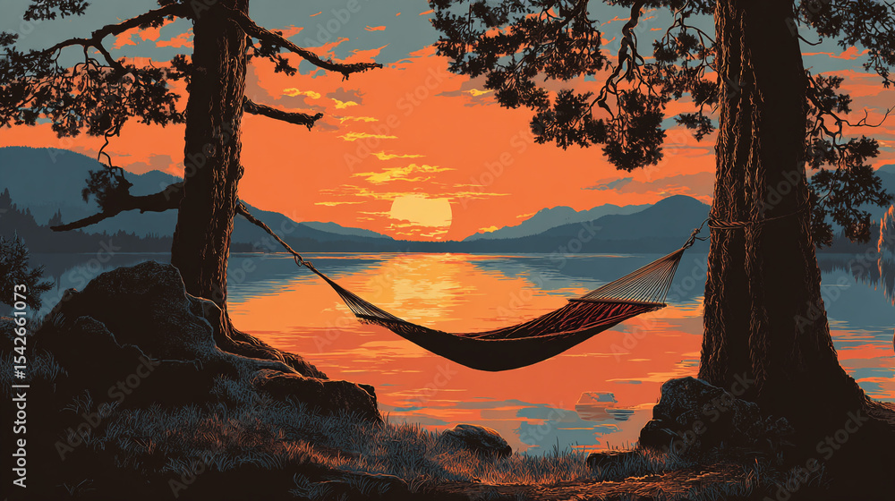 Poster hammock strung between trees at sunset over a lake with distant mountains view