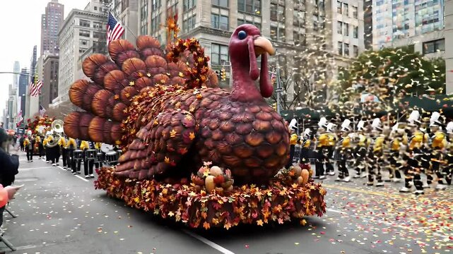 Large autumnal turkey float in city parade with marching band and confetti