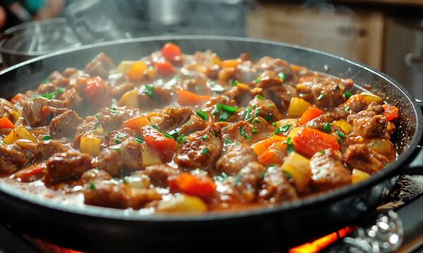 Traditional meat stew with vibrant vegetables cooked in hot skillet over open flame. Food concept