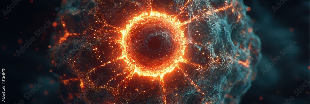 Poster infected cell visualization in sci-fi style with a glowing core surrounded by energetic tendrils and
