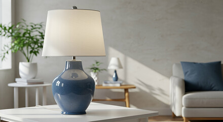 Blue Ceramic Table Lamp with White Lampshade in Modern Living Room