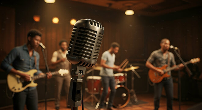 Band Performing Live on Stage with Vintage Microphone