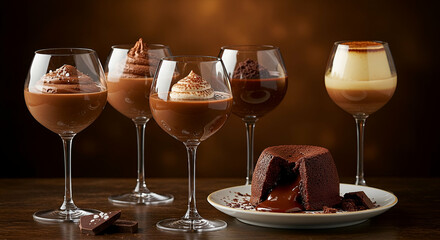 Five Chocolate Desserts in Wine Glasses with Molten Chocolate Cake