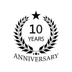Black anniversary Laurel Wreath Badge – Vector Icon for Milestone, Celebration and Award Design of 10years.