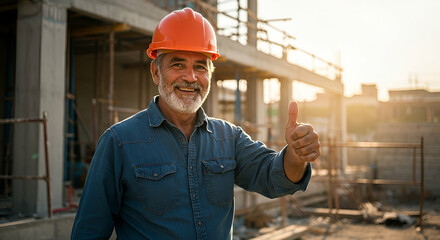 Smiling Construction Worker Giving Thumbs Up at Sunny Building Site