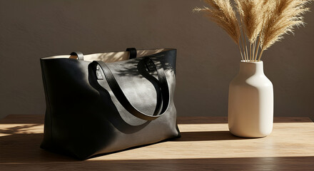 Black Leather Tote Bag with Pampas Grass in Vase on Wooden Table