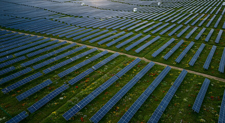 Aerial View of Solar Panels in a Field