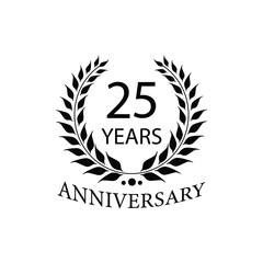 Black anniversary Laurel Wreath Badge – Vector Icon for Milestone, Celebration and Award Design of 25years.