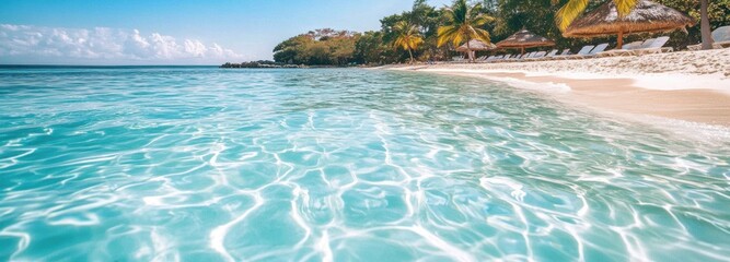 Crystal-clear turquoise waves gently lap against the sandy shore of a tropical paradise in bright daylight