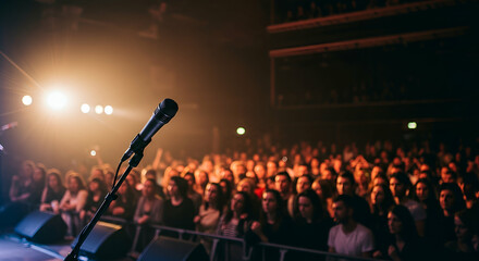 Microphone on Stage Before Large Crowd at Night Concert