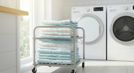 Neat Stack of Blue and White Towels on a Rolling Cart in a Bright Laundry Room