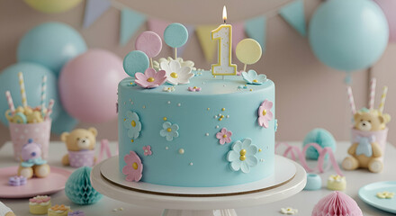 Pastel Blue First Birthday Cake with Teddy Bears