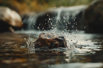 A small stone is falling into the water, splashing on impact. 