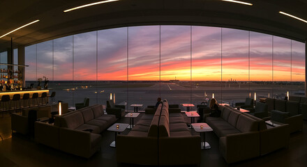 Airport Lounge Sunset View: Passengers Relaxing in Modern Interior with Pink and Orange Sky