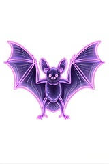Illustration of a bat with wings spread, glowing in purple on white background