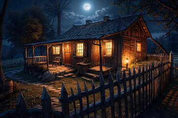 rustic pioneer cabin on a moonlit night