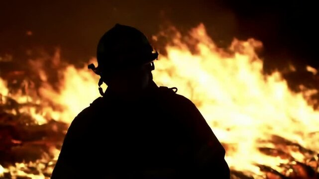 firefighter with forest fire on night