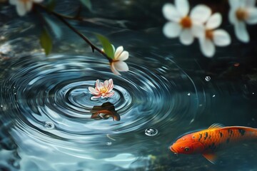 A delicate petal falls into the water, creating ripples on its surface. 