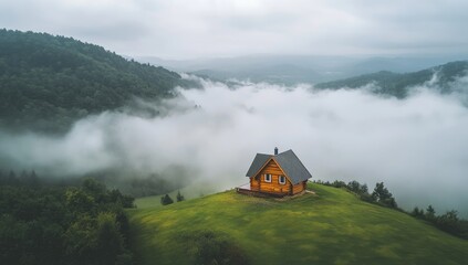 Drone shot of a cabin on top of a green hill, surrounded by fog. 