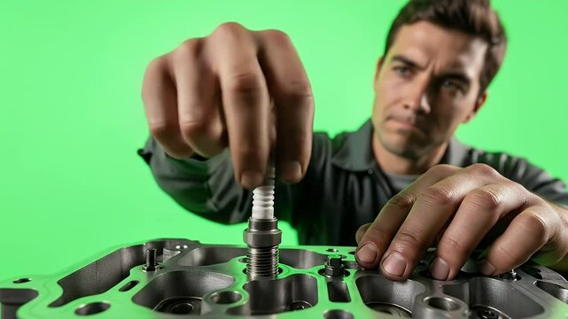 Mechanic installing spark plug in engine head against green background close up automotive repair technical procedure instructional visuals