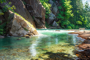 shallow active creek in valley under mountains painting illustration