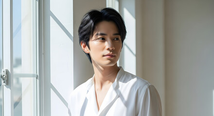 3窓辺に立つ白Tシャツの若い男性 Generative AI