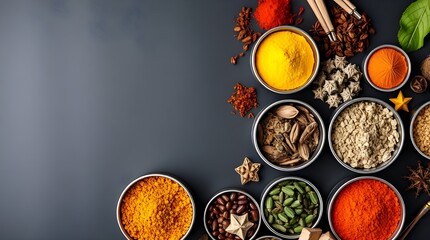 High-resolution stock photo of colorful spices in metal tins on a dark background, featuring a smooth gradient transition, seamless color blending, and professional quality for commercial use 
