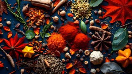 A flatlay of Colorful Spices and Herbs on a dark background, glowing with warm golden bioluminescent colors, natural light effects, vibrant glow, and a radiant, luxurious feel 