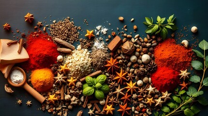 A flatlay of Colorful Spices and Herbs on a dark background, bathed in rich deep teal and warm golden hour light, soft light suggesting sunrise or sunset, appearing luxurious and vibrant