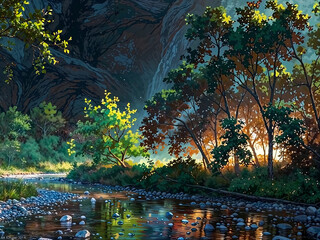 placid creek in valley under mountains painting illustration