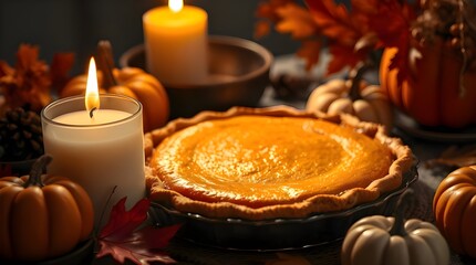 A close-up shot of a white candle, pumpkin pie, and autumnal decor with intense dramatic lighting, highlighting details and high contrast to create tension