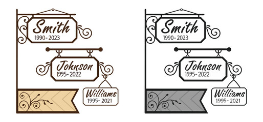Memorial signage collection featuring last names and dates designed with intricate ornate decorative elements for remembrance