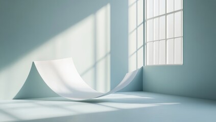 Light, minimalist, pale blue room with a large window and a curved white sheet
