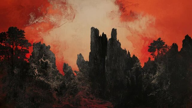 A painting of a red sky with trees in the fore