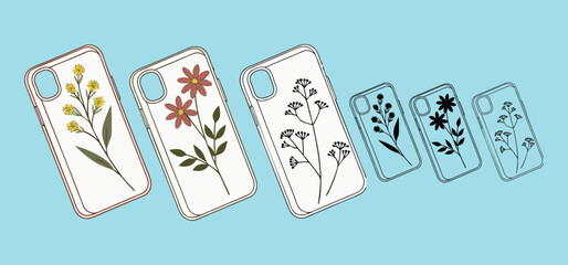 Fototapeta na wymiar Modern and stylish designs for smartphone cases showcasing floral botanical artwork with an aesthetic pastel color theme.
