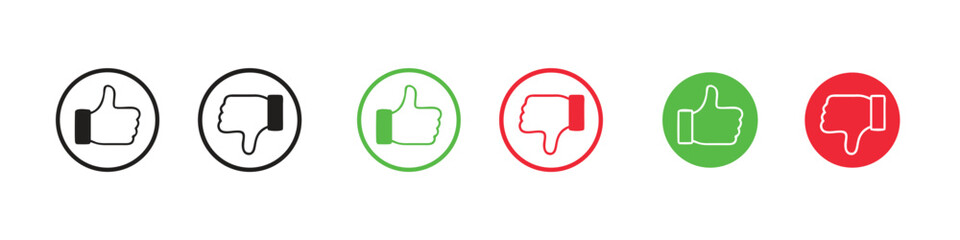 Obraz premium Set of thumbs-up and thumbs-down icons in black, gray, red, and green, symbolizing approval, disapproval, and feedback.