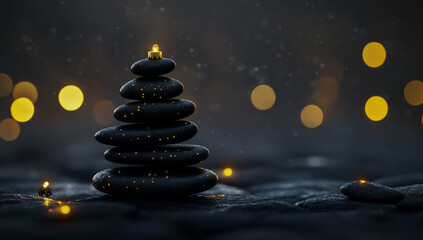 Obraz premium A small, rounded and carefully balanced pile of smooth black stones, arranged like an abstract Christmas tree, adorned with a few soft glowing lights,