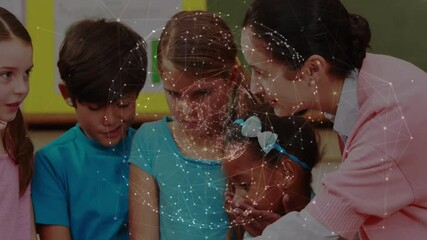 Teacher opening laptop for interactive learning guiding child pressing key as network globe pulsing