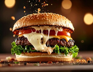 Gourmet burger being pulled apart, showing oozing mozzarella cheese melt