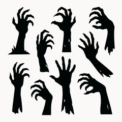 Zombie arms. Halloween bony hands silhouettes, horror scrawny zombie monsters hands flat vector illustration set. Spooky living dead creepy hands
