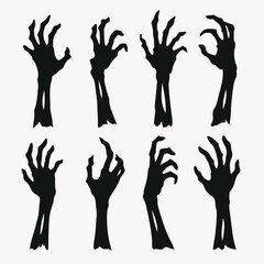 Zombie arms. Halloween bony hands silhouettes, horror scrawny zombie monsters hands flat vector illustration set. Spooky living dead creepy hands © Pandaman1102