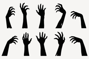 Zombie arms. Halloween bony hands silhouettes, horror scrawny zombie monsters hands flat vector illustration set. Spooky living dead creepy hands