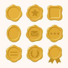Golden wax stamps. Vintage seal stamp, wax postage label marks, medieval post signet flat vector illustration set. Cartoon postal paraffin stamps