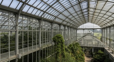 Beautiful Glass Greenhouse Filled with Green Plants