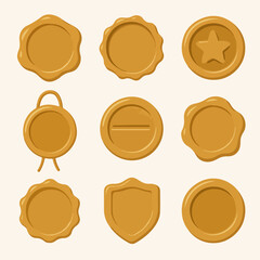 Golden wax stamps. Vintage seal stamp, wax postage label marks, medieval post signet flat vector illustration set. Cartoon postal paraffin stamps